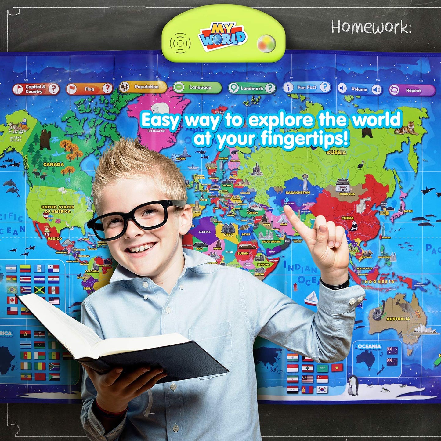BEST LEARNING i-Poster My World – Interactive Talking World Map for Kids Ages 5-12 to Learn Countries, Flags, and Fun Facts About Our Planet
