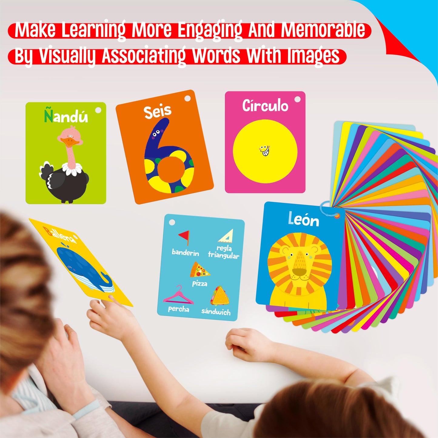 110 PCS Early Learning Flashcards, Double-Sided Spanish Cards- Alphabet, Numbers, Foods, Animals, Shapes, Colors, Emotions with 4 Reclosable Rings, Learning Tool for Pre-K Kindergarten Toddlers