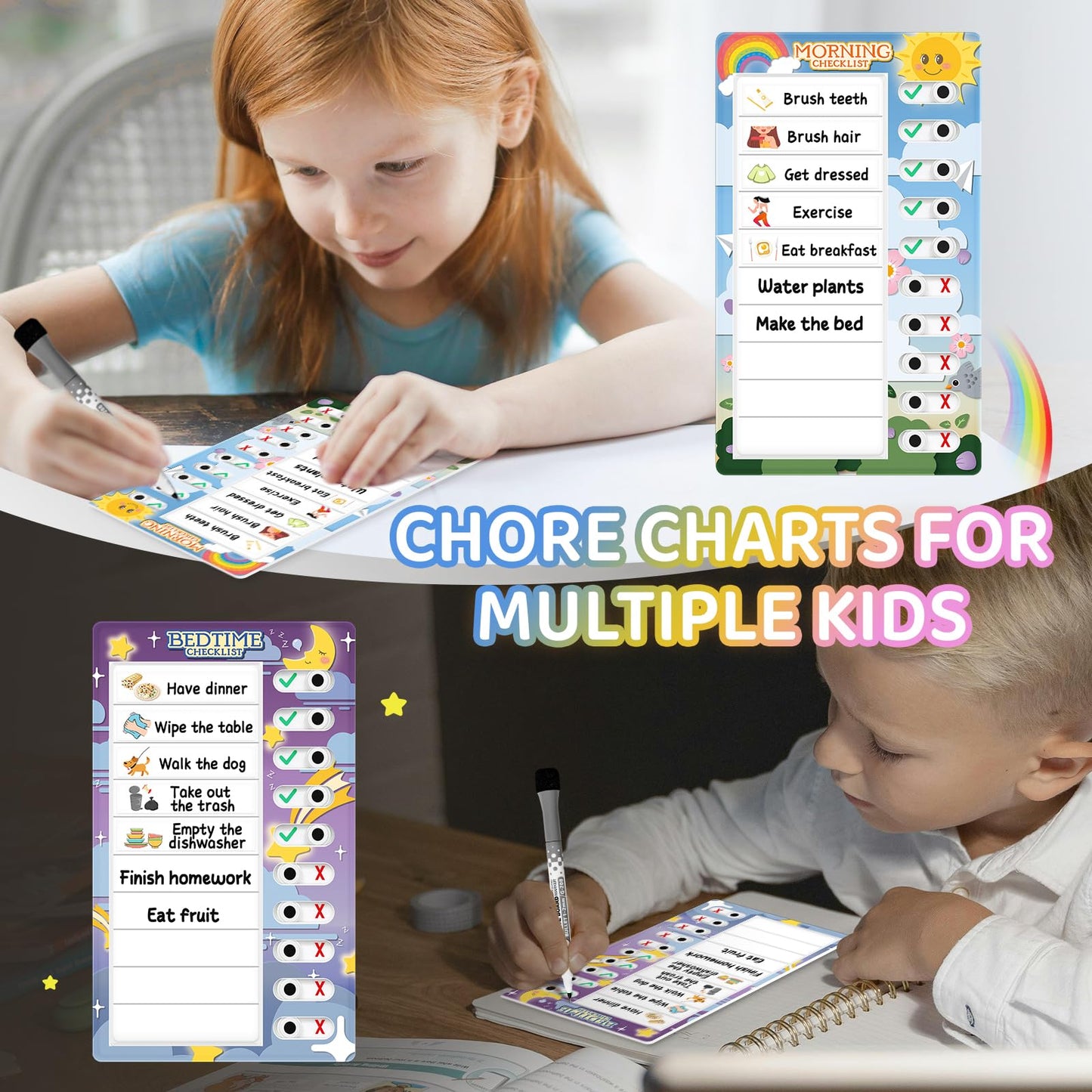 Chore Chart for Kids: Dry Erase to Do List, Morning/Bedtime Routine Chart, Magnetic Checklist, Toddler Visual Schedule, Daily Behavior Chart for Fridge (4 Pack)