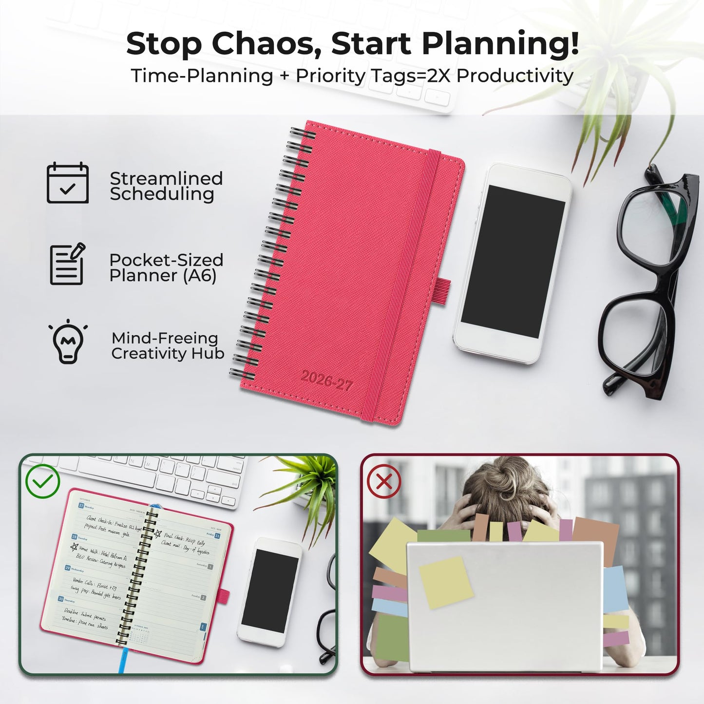 IN-LUXPRO Planner 2026-2027 Daily Weekly and Monthly,6.5"x3.75",18 Months Spiral Bound Calendar Agenda with Self-adhesive Pen Holder,2026 Academic Plan with Vegan Leather Soft Cover,Rose Red