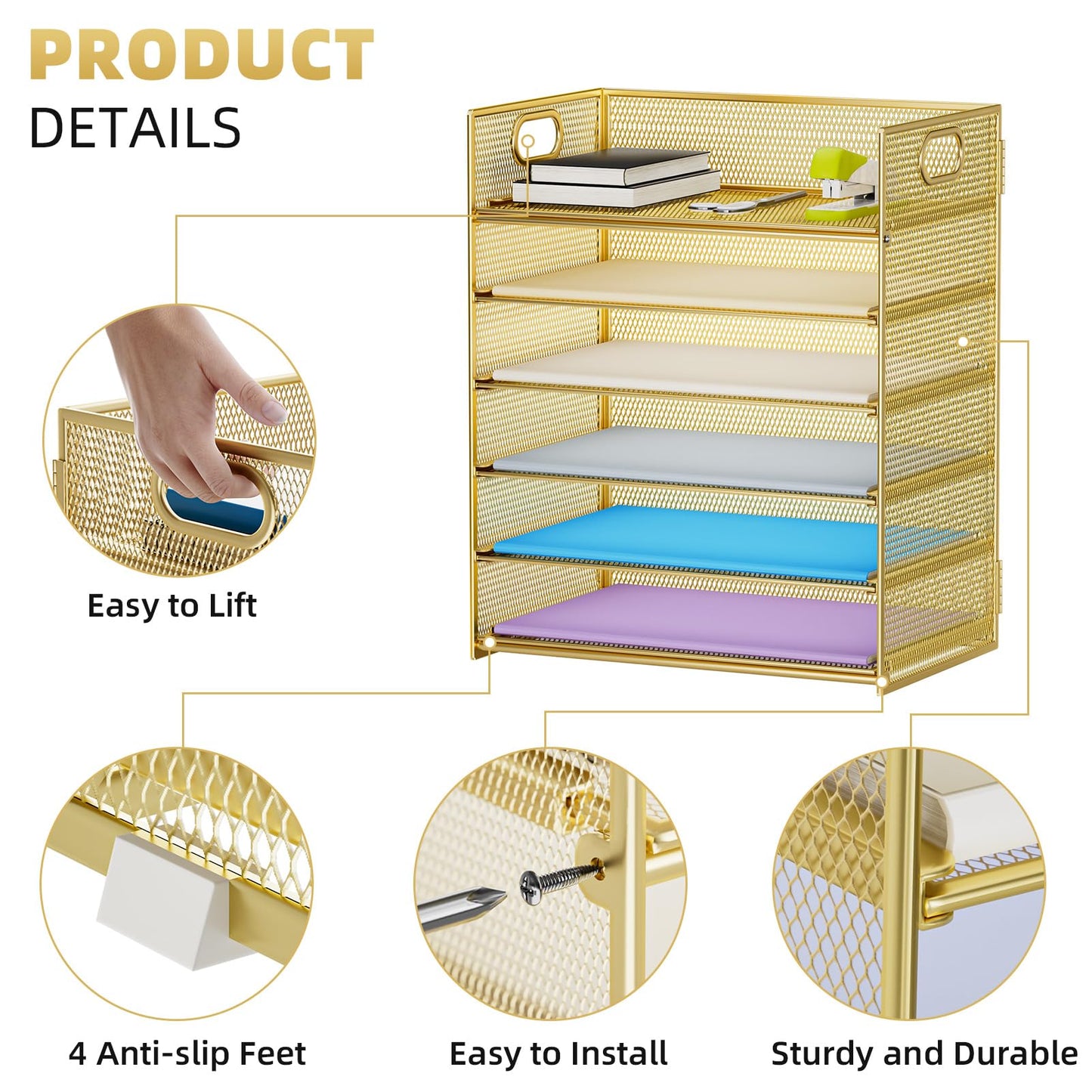 Marbrasse Paper Letter Tray Organizer - 6 Tier Mesh File Organizer with Handle, Paper Sorter Organizer for Letter/A4 Office File Folder Holder - Gold