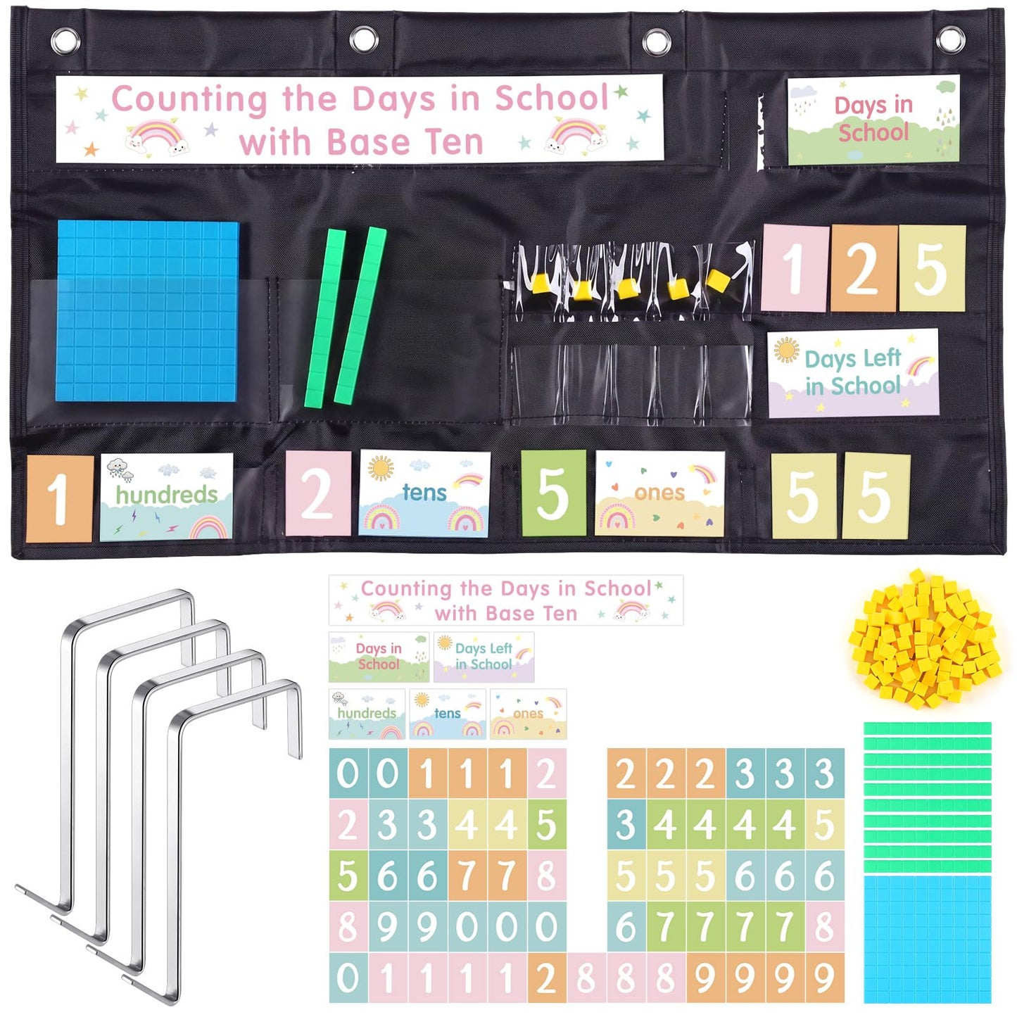 Resurhang Back to School Counting the Days with Base Ten Pocket Chart Place Value, Counting Caddie Pocket Chart for Classroom Bulletin Board School or Home Decor, 4 Hooks (Black,Morandi Style)