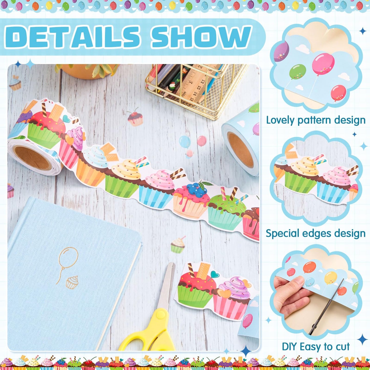 Trandraft 2 Rolls 65.6ft Balloons Cupcake Border Bulletin Board Decorations for Birthday Back to School Themed Party Classroom Decor School Home Office Chalkboard Wall Decors