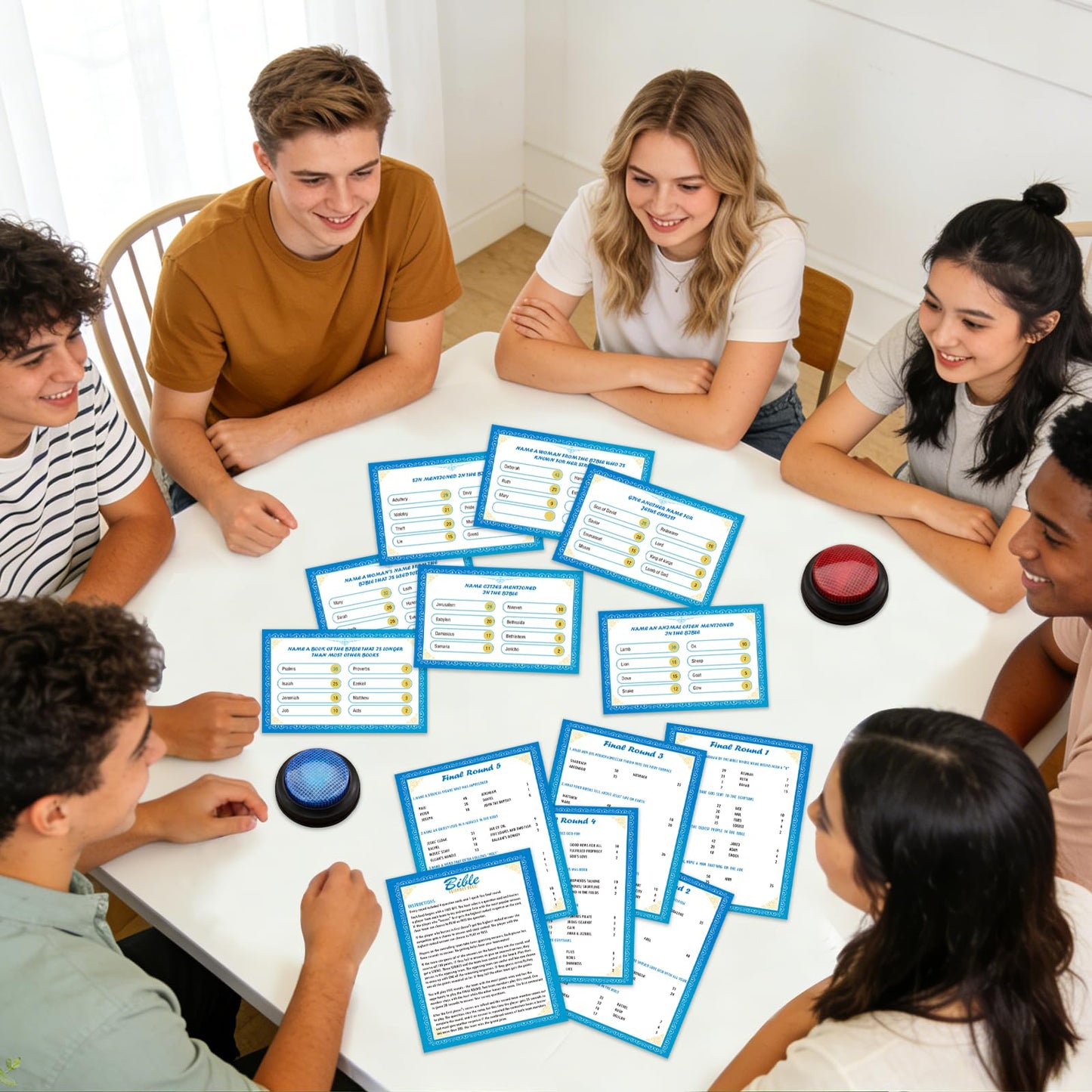 TUSAUW Christian Bible Friendly Feud Game with Answer Buzzers, Religious Feud Card Board Game Night Family Church Group Fun Trivia Quiz for Christmas Easter Party Office Class Team Building