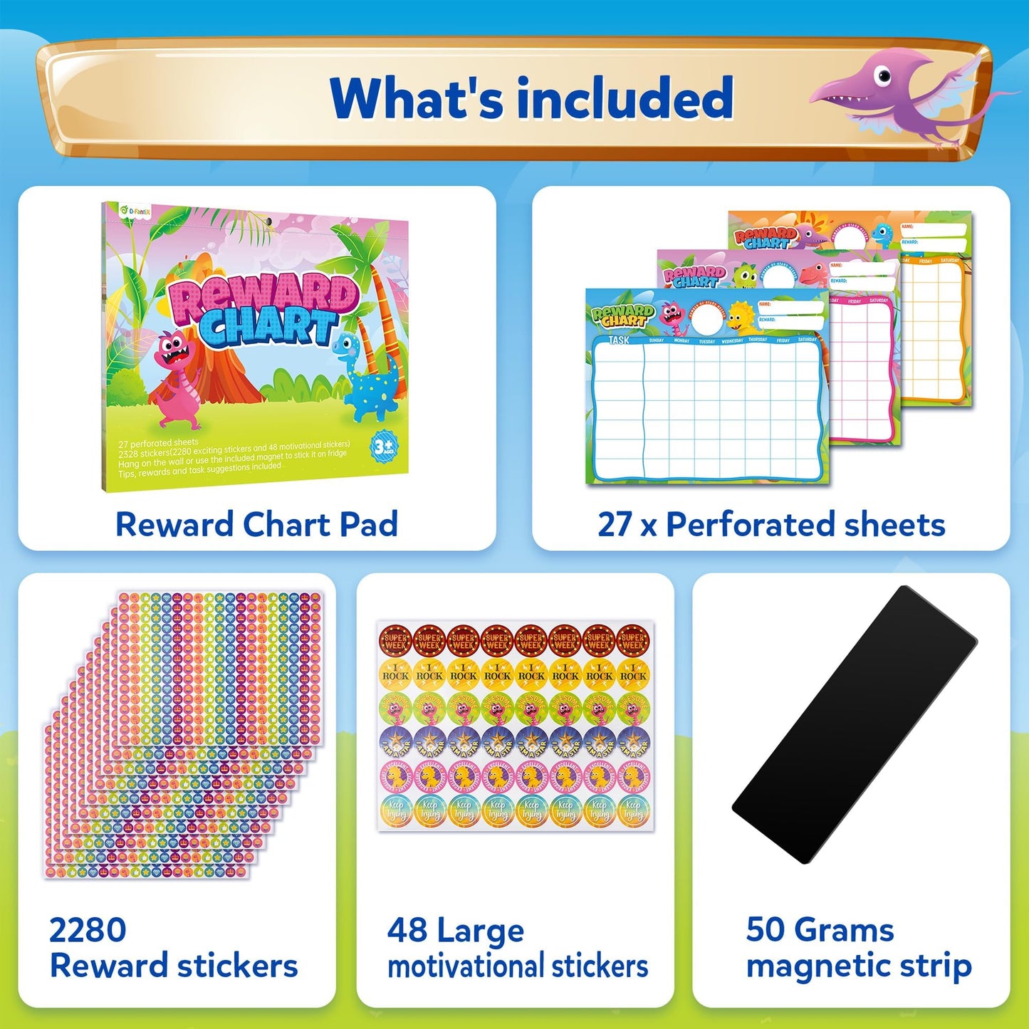 D-FantiX Reward Chart for Kids - Pad with 27 Chore Charts, Magnetic Behavior Chart for Kids at Home, Sticker Chart to Motivate Responsibility and Good Habits, 2328 Incentive Stickers