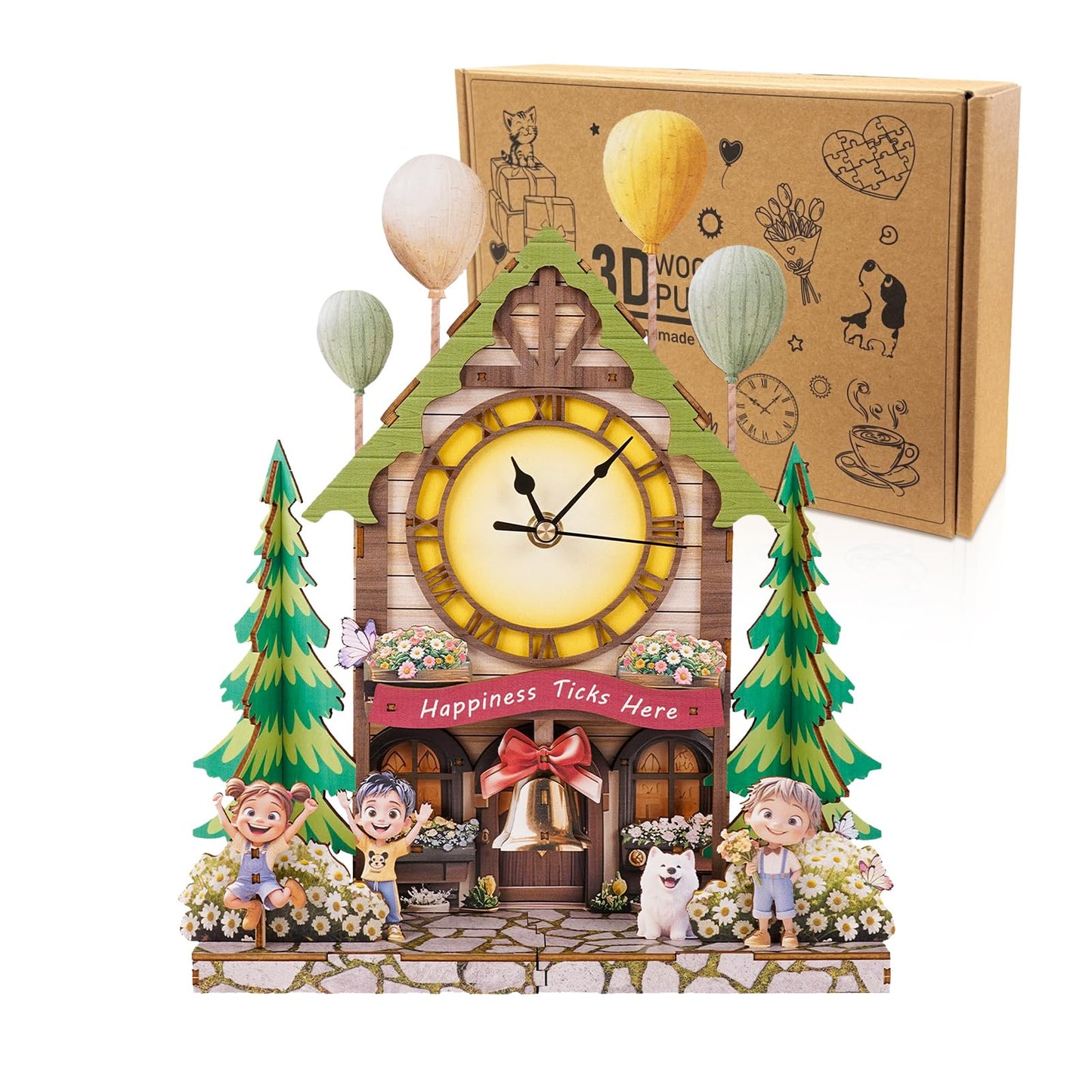 3D Puzzles for Adults Wooden Clock-Balloon Treehouse Model Kit, Mechanical DIY Pendulum Clock with Roman Numerals-Home Wall Decor, Birthday Christmas Day Gift for DIY Lovers