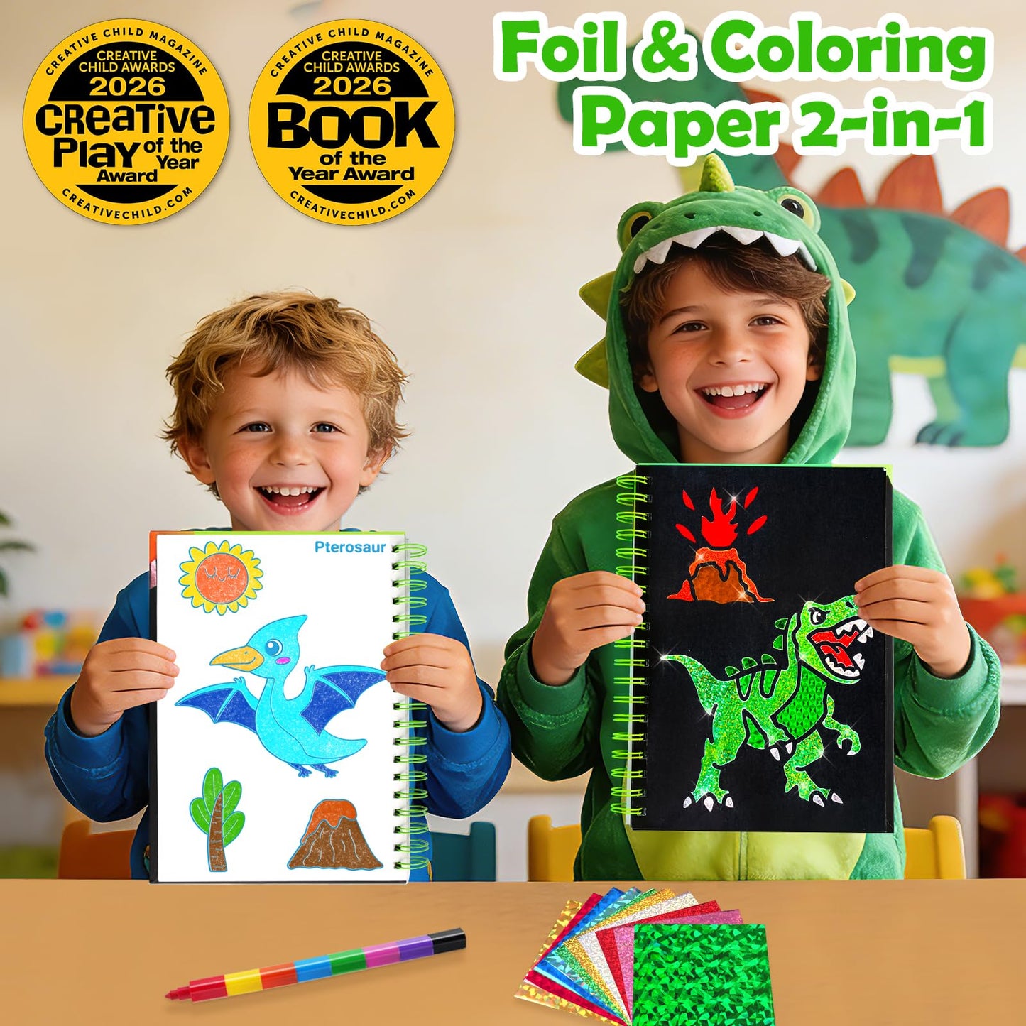FUNNYB&G Foil Art Craft Kit for Boys 4-10 Years Old: Mess-Free & No-Glue, Create 16 Sparkly Dinosaur World Pictures – Perfect Travel Toy & Birthday Gift for Kids (Dinosaur World)