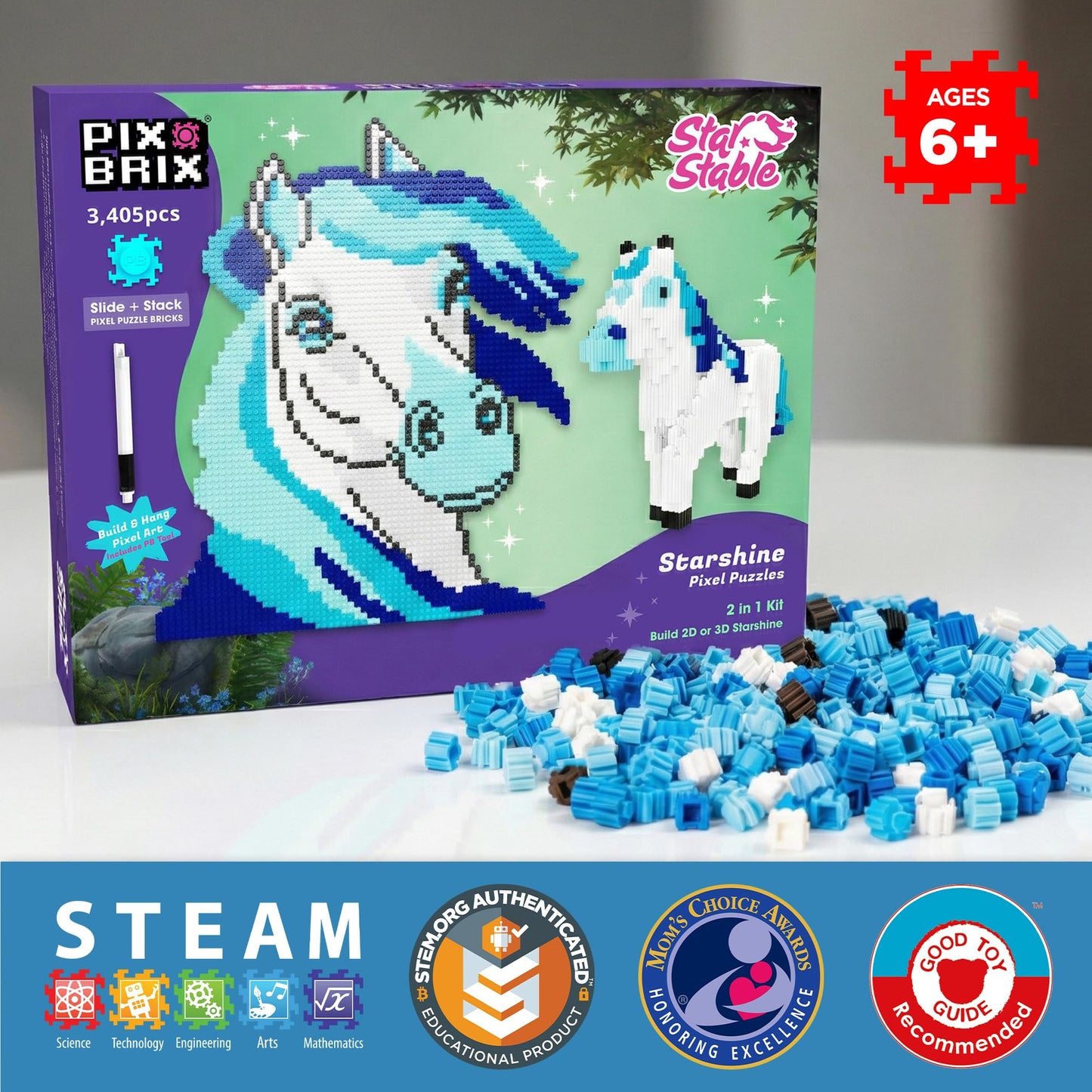 Pix Brix Pixel Art Puzzle Bricks - Star Stable’s Starshine, 3,405 Pieces - Interlocking Building Bricks, Pixelate Your Favorite Horse in 2D or 3D Version - Stem Toys, Ages 6 Plus