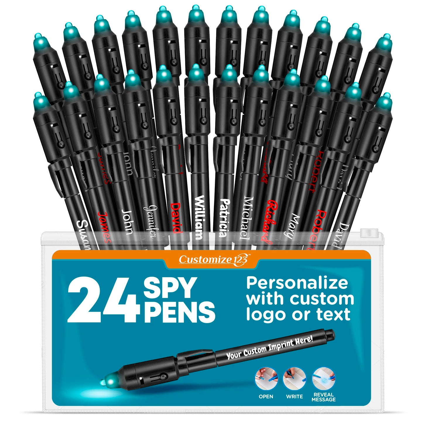 Personalized Invisible Disappearing Ink Pen Marker Pack, Custom Secret Spy Message Writer with UV Light, Fun for Kids Party Favors Gifts and Stock Stuffers, 24 Pack, Black