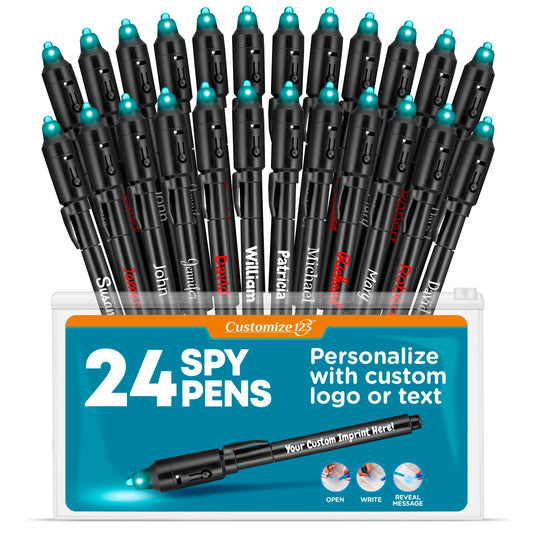 Personalized Invisible Disappearing Ink Pen Marker Pack, Custom Secret Spy Message Writer with UV Light, Fun for Kids Party Favors Gifts and Stock Stuffers, 24 Pack, Black