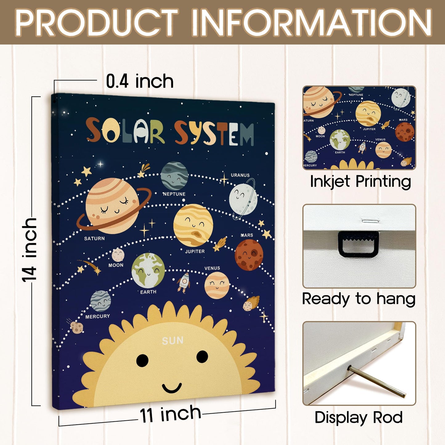 XINCEYWJ Solar Space Room Wall Decor, Solar System Astronauts Rocket Canvas Art Prints Framed, Space Room Decor, Retro Trendy Nursery Wall Art for Kids Girly Boys Toddler Room Classroom, 11x14 In