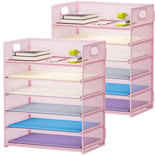 Marbrasse 2 Pack Desk Organizer with Handle, 6 Tier Paper Letter Tray, Mesh Desk File Organizer for Office, School and Home - Pink