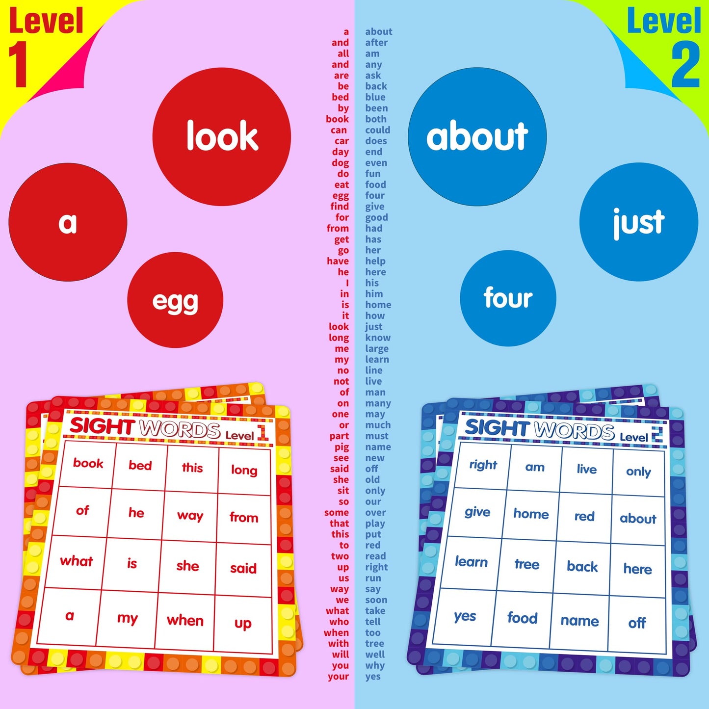 SpriteGru Sight Word Bingo Game, 120 Sight Words Learn to Read Level 1 & Level 2 Bingo Board Game Dolch's & Fry's Words Lists for Kindergarten and Preschool Kids 4-8, Perfect for Classroom & at Home
