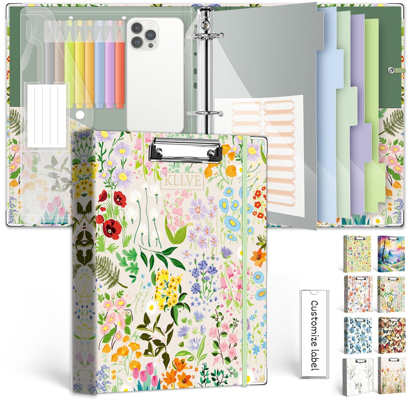 3 Ring 1 Inch Binder Organizer, KLLVE Three Ring Binders with Clipboard, 5-Tabs Pockets Dividers, Plastic Folder, 18 Divider Stikers,Pen Loop (Wildflower, Letter Size)