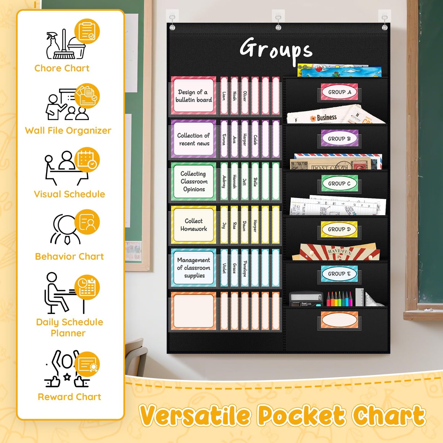 AKAYOK Small Group Pocket Chart with 84 Colorful Dry Erase Cards, Classroom Jobs Chart with 6 Pocket Wall Hanging File Folder, Pocket Chart for Classroom,Office,Home, Small Group Classroom Must Haves