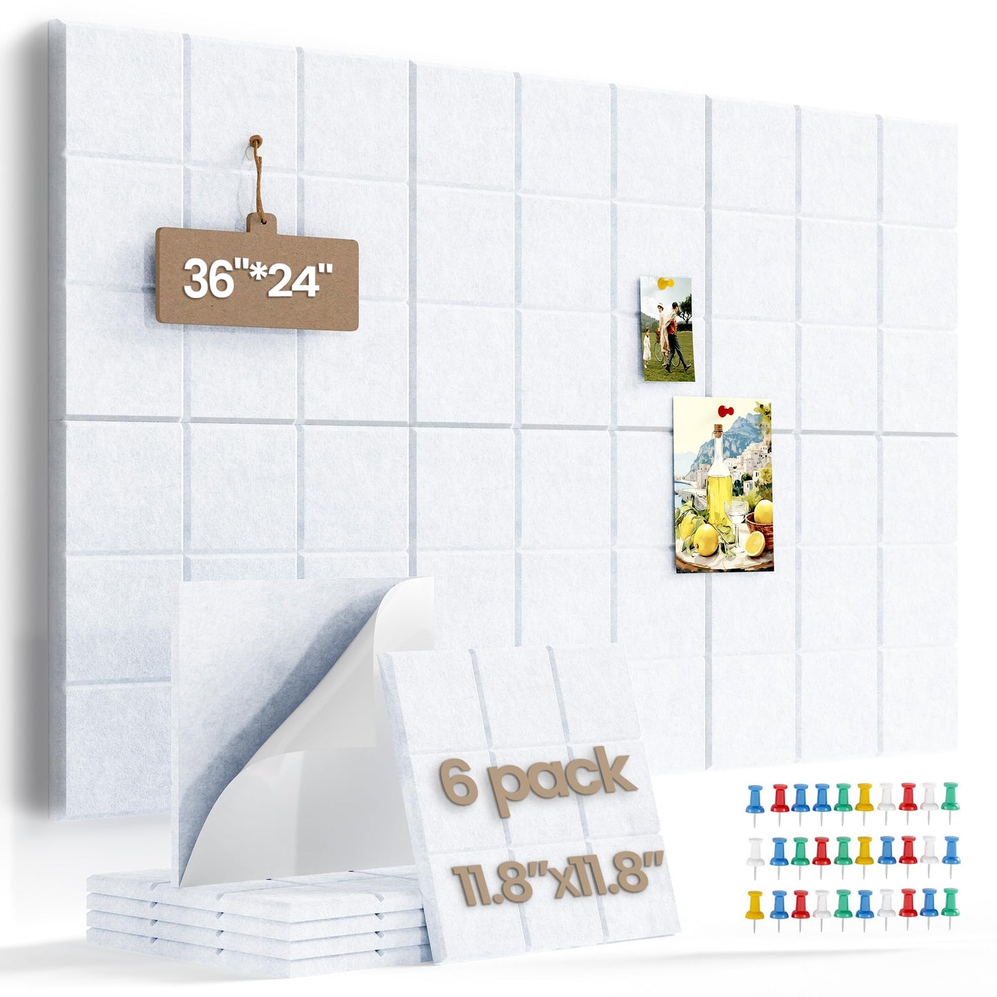 Uoisaiko Large Cork Board Felt Board Tiles for Walls with 30 Push Pins, 11.8"x11.8" Pack of 6 Pin Board Notice Boards for Home Office Kitchen, Bulletin Board Wall Tiles for Photos Memos