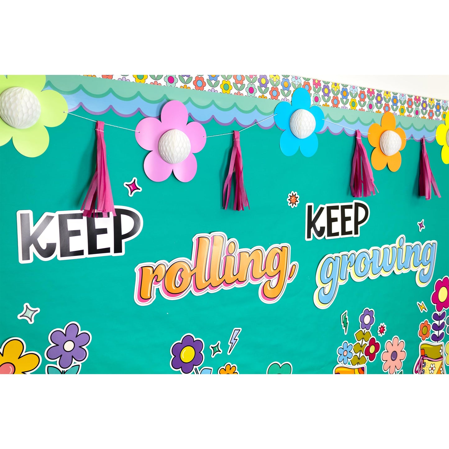 Happily Ever Elementary Retro Remix 103-Piece Motivational Bulletin Board Set, Roller Skates, Flowers, and More Groovy Bulletin Board Decorations for Classroom Decor