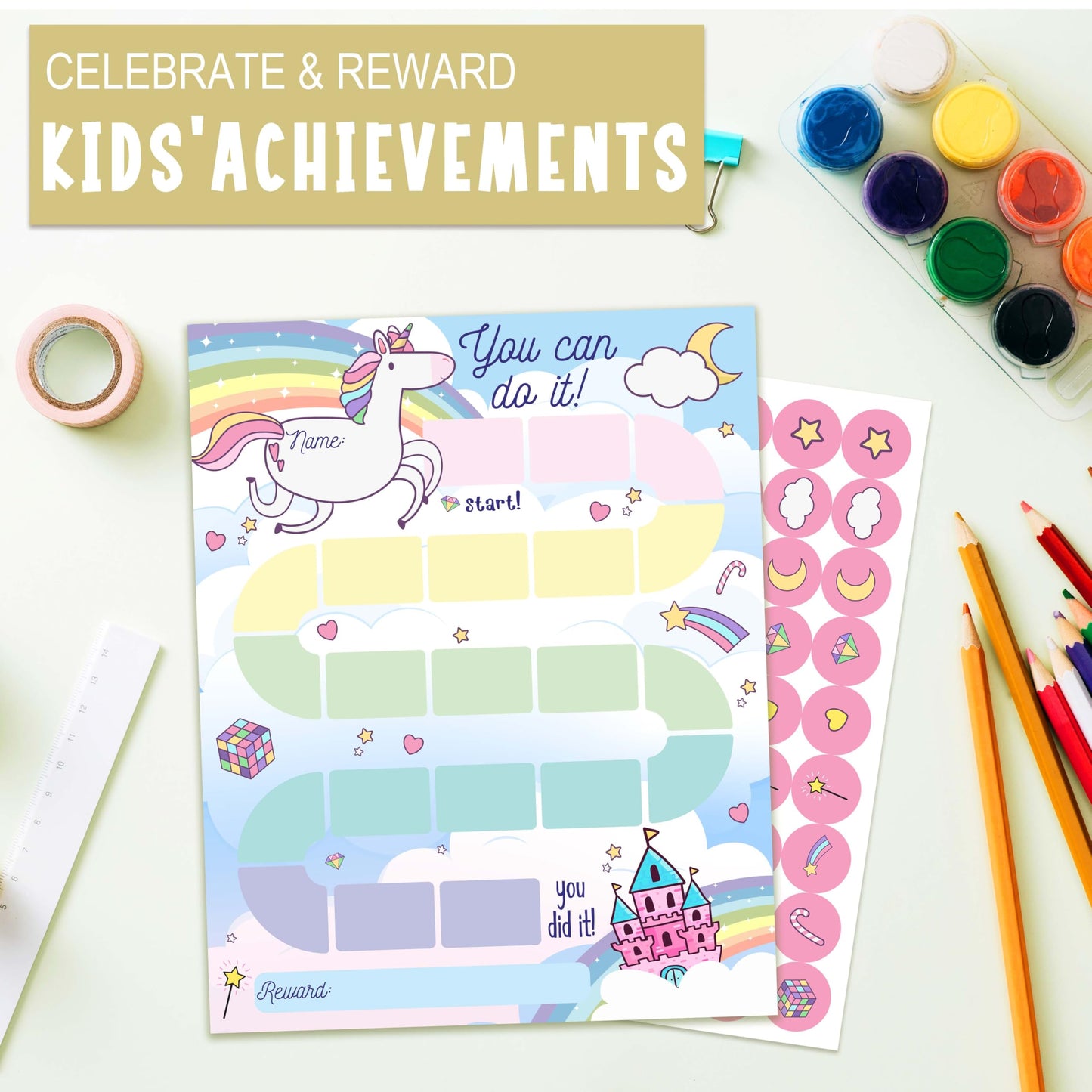 20 Unicorn Reward Chart with 432 Round Stickers, Incentive Behavior Chart for Kids at Home Classroom, Kids Routine Daily Chore Sticker Chart-B01