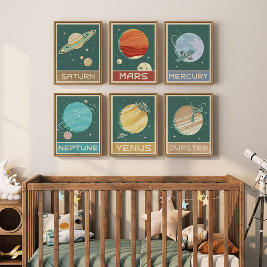 Framed Vintage Space Wall Art Set for Nursery Decor, Retro Space Themed Canvas Prints Bedroom Decor, Solar System Planet Galaxy Pictures for Boys Girls Room Playroom Classroom Wall Decor, 11x14 Inch