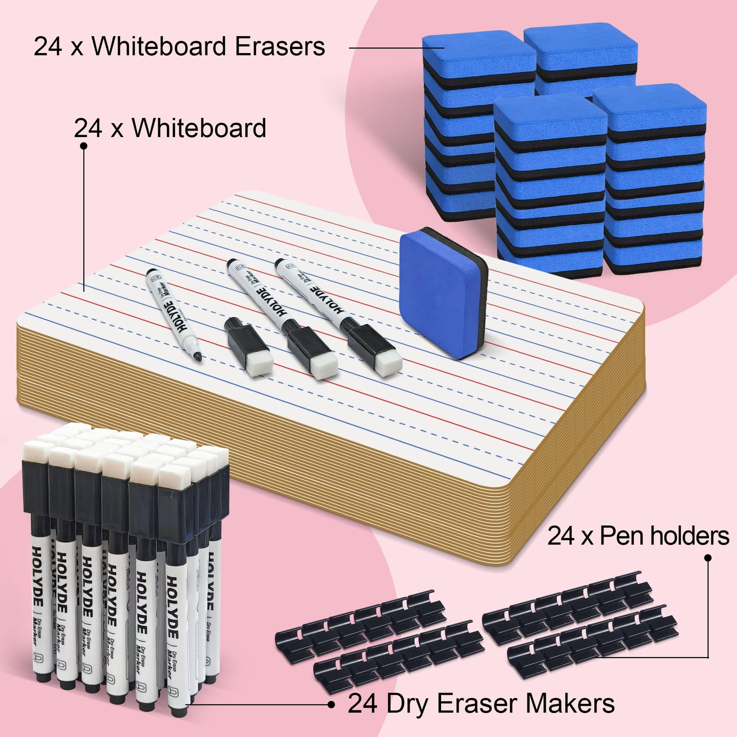 Set of 24 Dry Erase Boards, Double Sided Small Whiteboards with Lines for Kids, Students, Teacher & Classroom Pack, 9"x12" Mini Individual White Boards Lined for Writing with 24 Markers, 24 Erasers