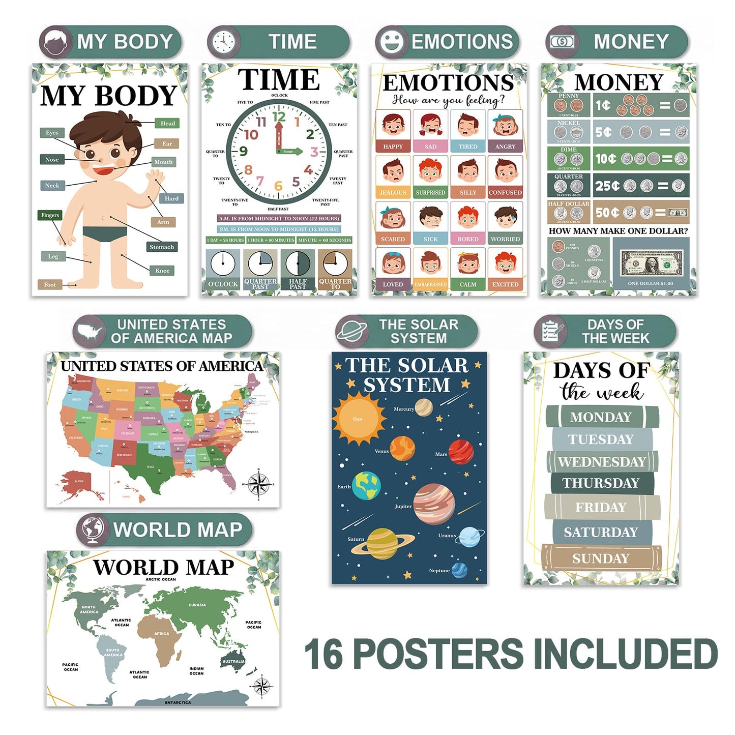 16 Pcs 16”x24” Large Educational Posters for Classroom Decor Educational Posters for Toddlers 1-3 Learning Poster for Boys Girls Ages 3-5 Kindergarten Preschool Classroom Teacher Must Haves Eucalyptus