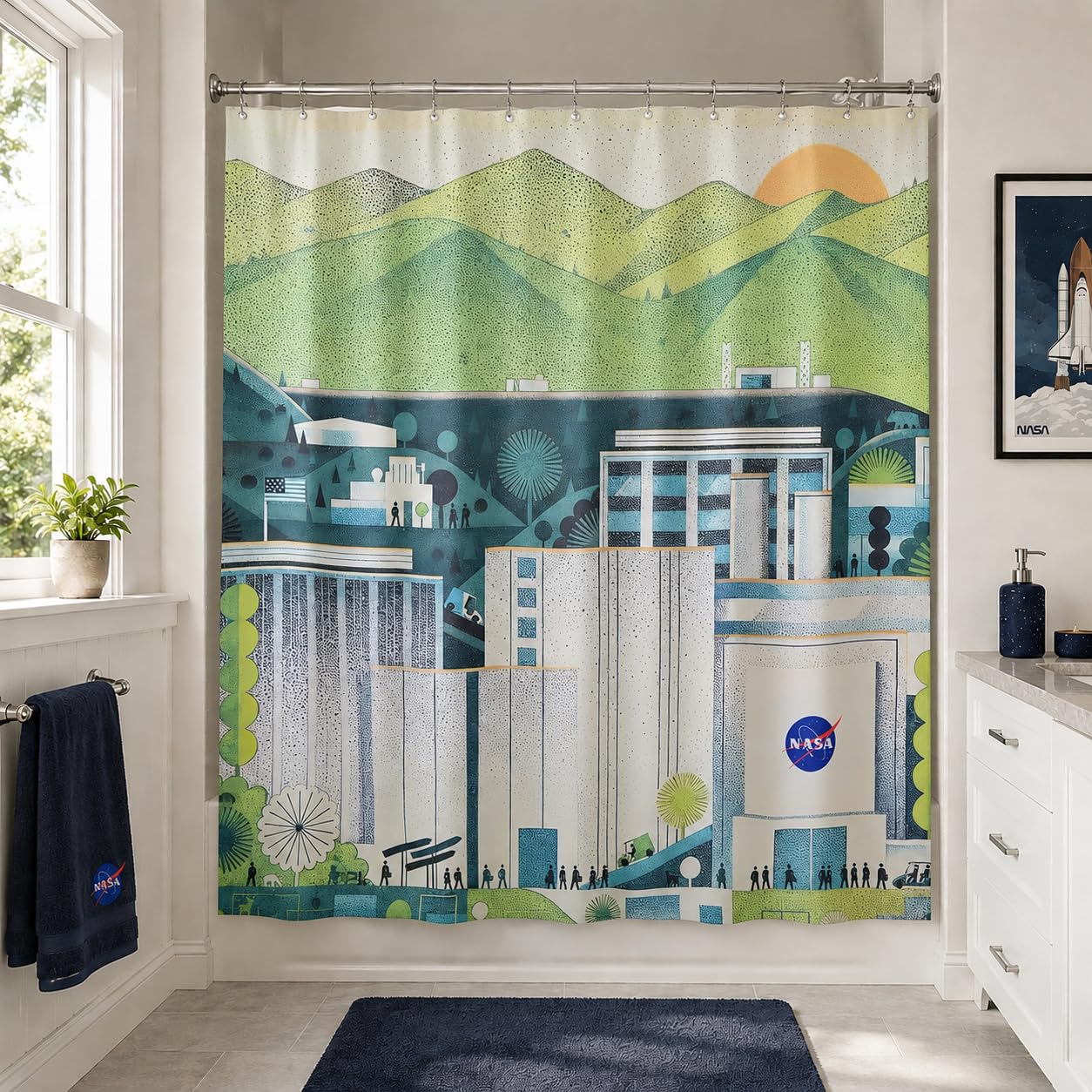DRIFTED ROOT NASA Licensed Shower Curtain Set, Green Frontier and Mountain Design, Space Poster Art, Oxford Cloth, Bathroom Hotel Decor (Green Frontier-Ivory/Green, 72" W x 72" L (Pack of 1))