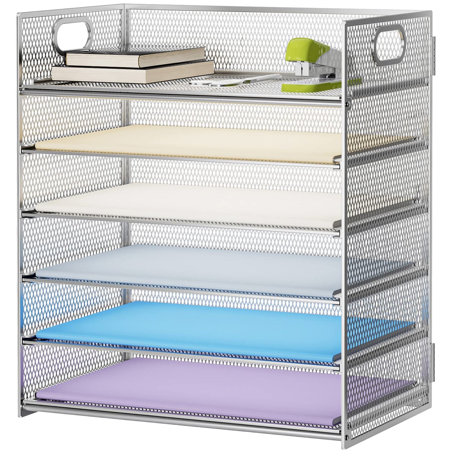 Marbrasse Paper Letter Tray - 6 Tier Mesh File Organizer with Handle, Paper Sorter for Letter/A4 Office File Folder Holder - Silver