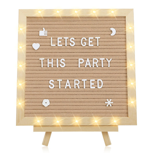 Changeable Felt Letter Board with LED Lights - 10×10" Message Custom Signs & Wood Stand& 450 Letters, Poster Board for Baby/Pregnancy Announcement/Classroom Wall Decor Gifts First Day of School, Camel