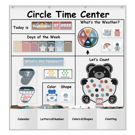 Circle Time Learning Center Pocket Chart for Classroom, Dry Erase Alphabet & Number Flash Cards, Write ABC Letter Tracing Writing Practice Games for Kids, Learning Weather Counting Color Shape