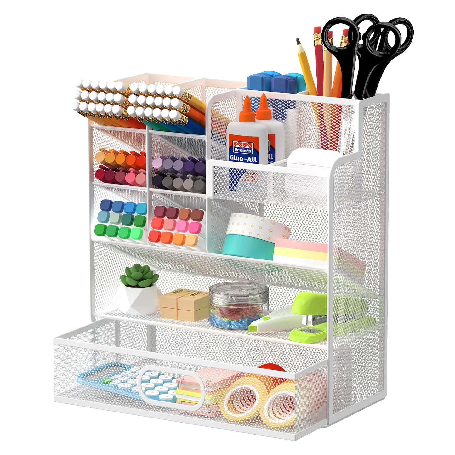 ReePlan Mesh Pen Organizer for Desk, Multi-Functional Pencil Holder with Drawer Desk Organizers, Large Capacity Storage for School Office Home Supplies (White)