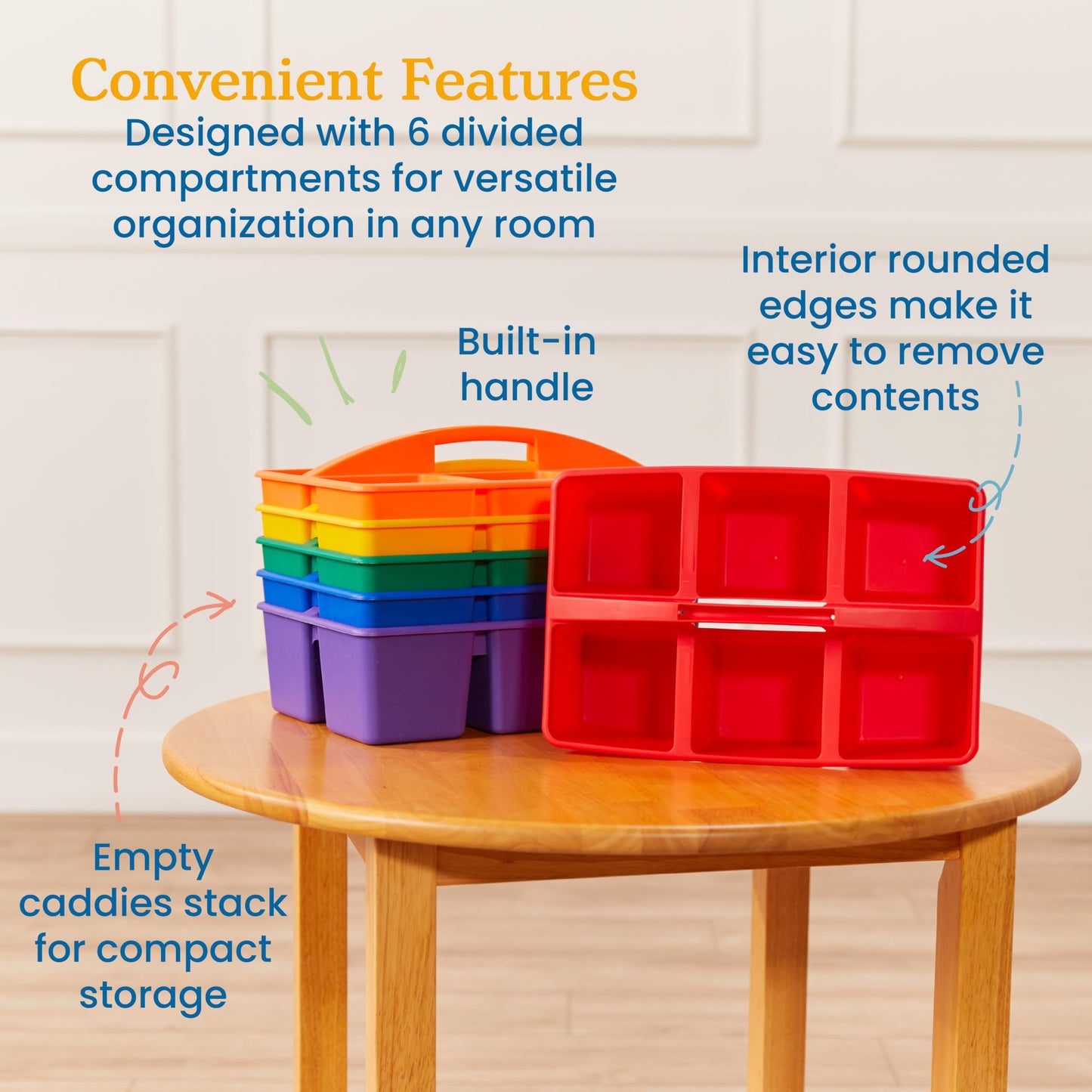 ECR4Kids 6-Compartment Large Plastic Caddy, Multipurpose Organization, Primary, 6-Pack