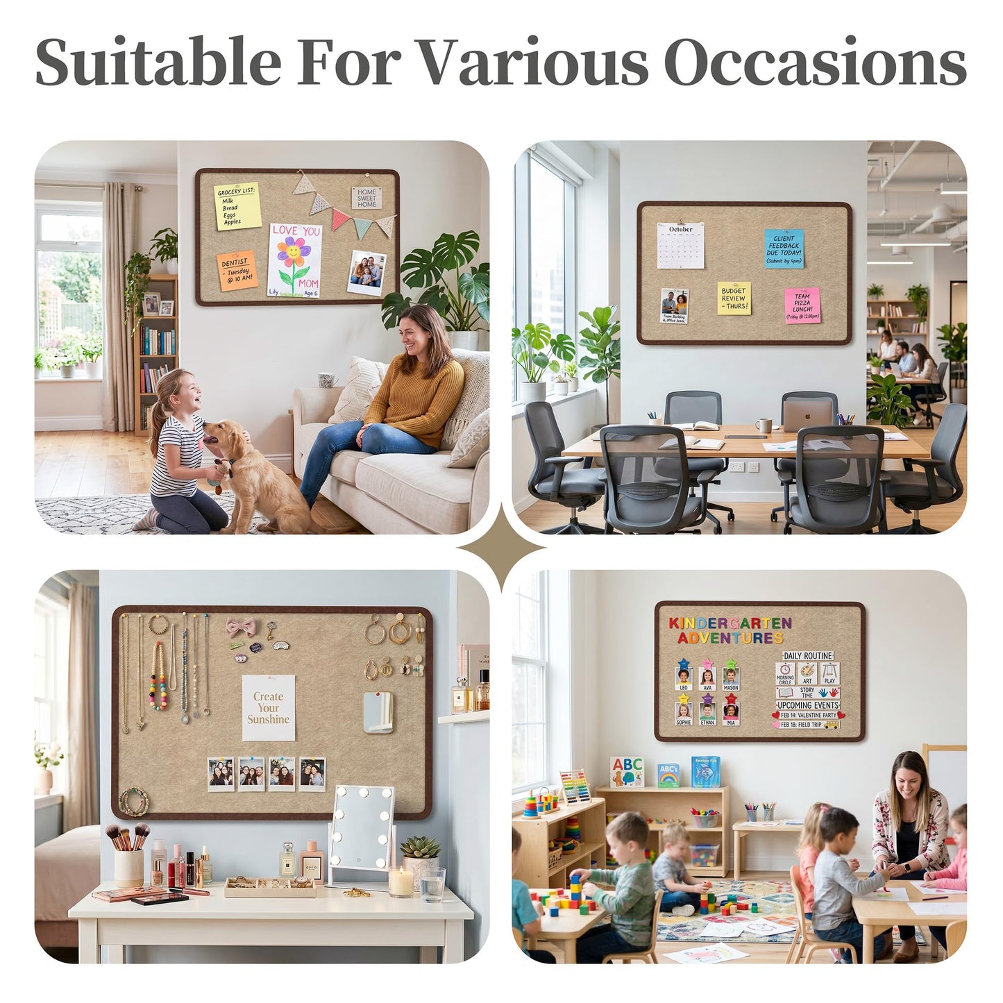 KERRAM Bulletin Board, 36 x 24 inches Decorative Felt Board Foldable Photo Board Pin Boards, Cork Board Alternative for Walls, Office, Home, Classroom with Pushpins ＆ Small Storage Bag, Brown