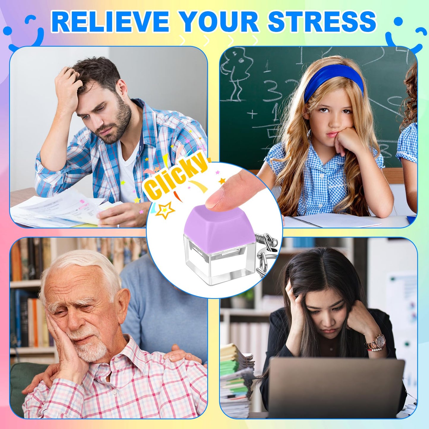 Seeloowy 36 Pcs Keyboard Fidget Clicker Keyboard Keychain Decompression Relief Toys Button Stress Relief Gifts for Adults Pass the Time (Vivid Color)