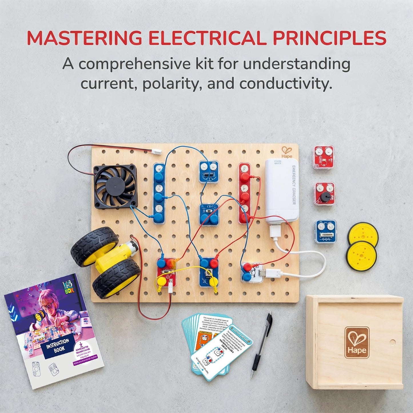 Hape Lab Box Circuit Explorer Base - 90+ Circuit Experiments STEM Toy for Kids Ages 8+, DIY Electronics Building Set, Science & Engineering Discovery Kit with 39 Pieces & Instruction Book