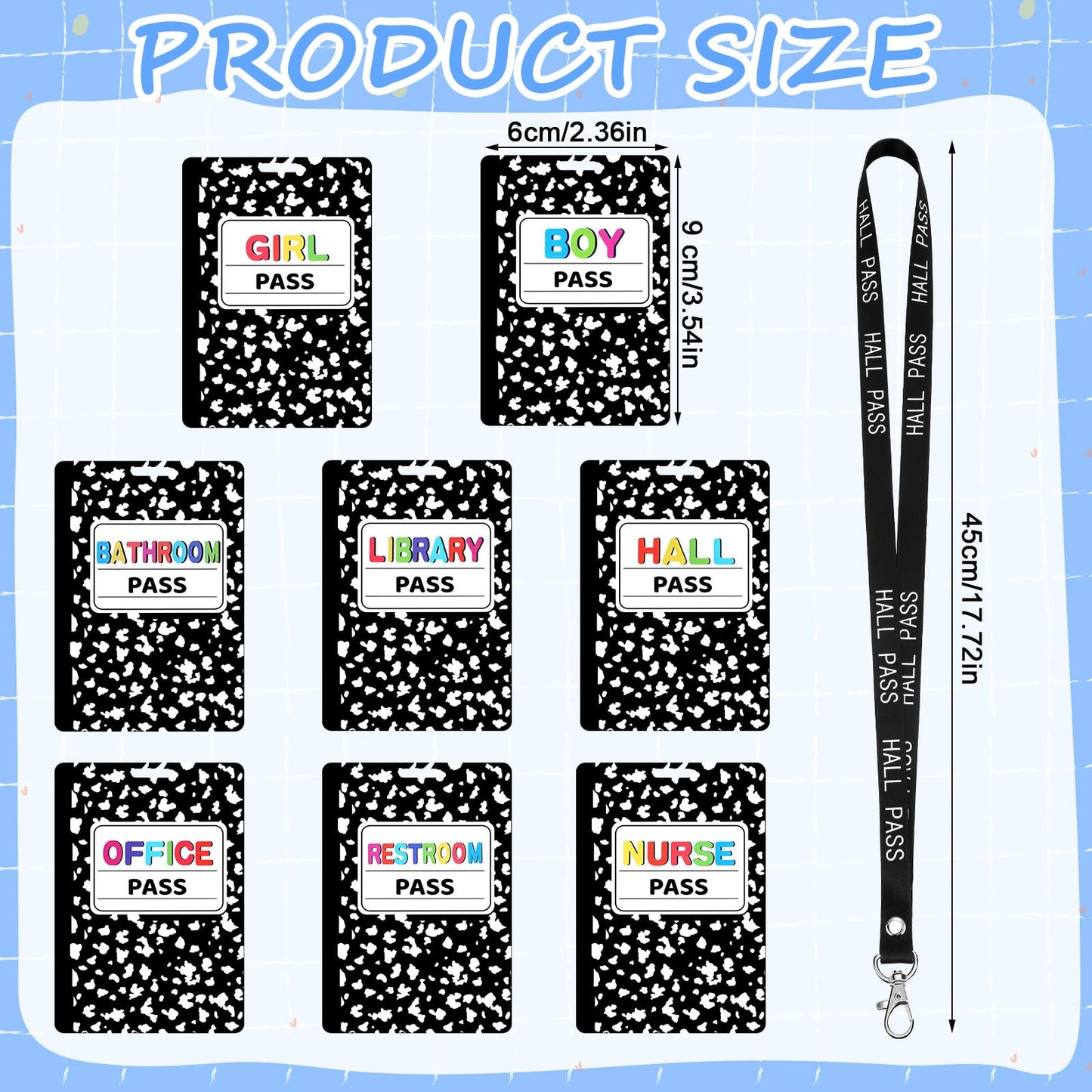 Fuyoooo 16 Set Composition Notebook Hall Pass Lanyards Unbreakable PVC Classroom Passes with Lanyards Bathroom Boy Girl Library Hall Office Nurse Pass for Elementary School Supplies
