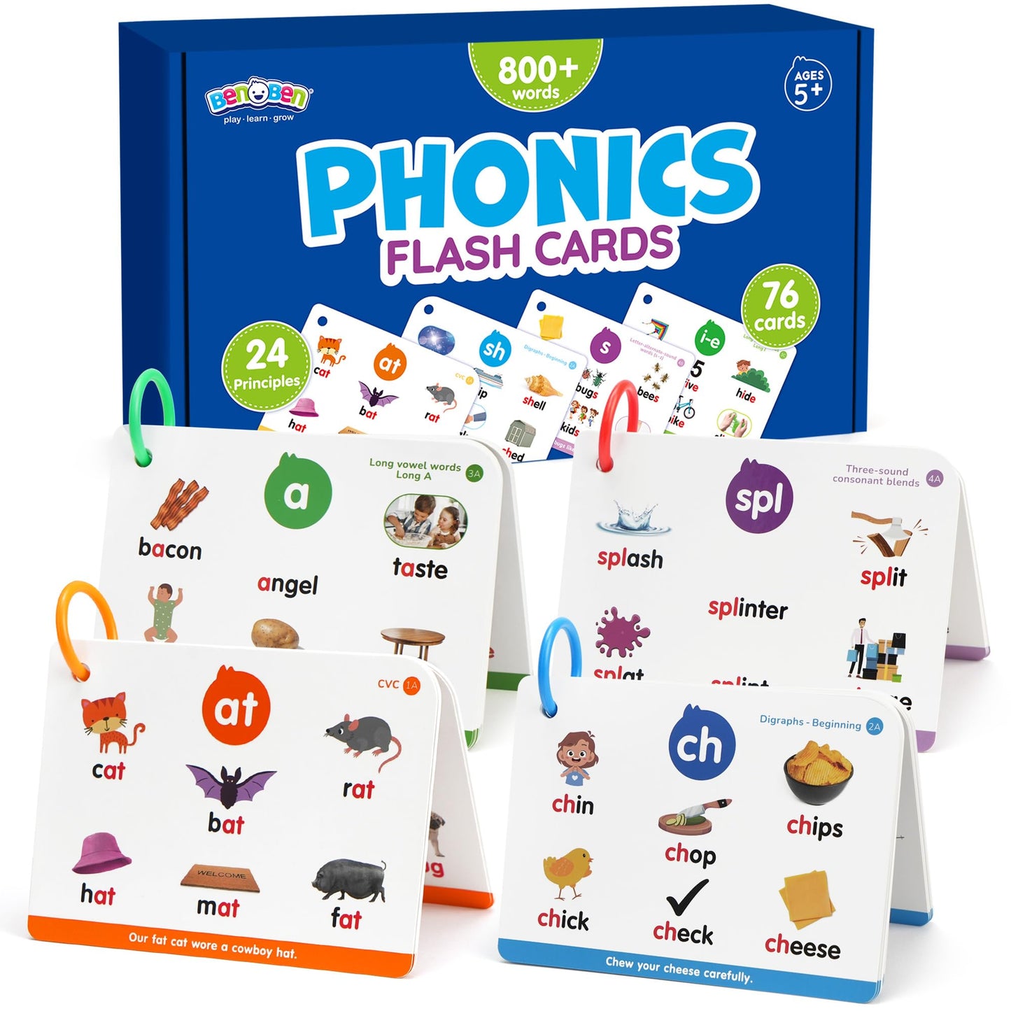Phonics Flash Cards, 76 Cards 24 Principles, Learn to Read Phonics Games, CVC Digraphs Blends Long Vowel Sounds, Classroom Homeschool Educational Toys for Kids Ages 4-8 Kindergarten 1st 2nd Grade