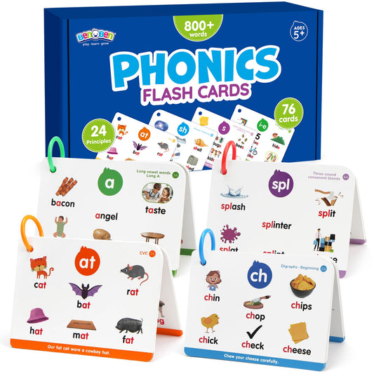 Phonics Flash Cards, 76 Cards 24 Principles, Learn to Read Phonics Games, CVC Digraphs Blends Long Vowel Sounds, Classroom Homeschool Educational Toys for Kids Ages 4-8 Kindergarten 1st 2nd Grade