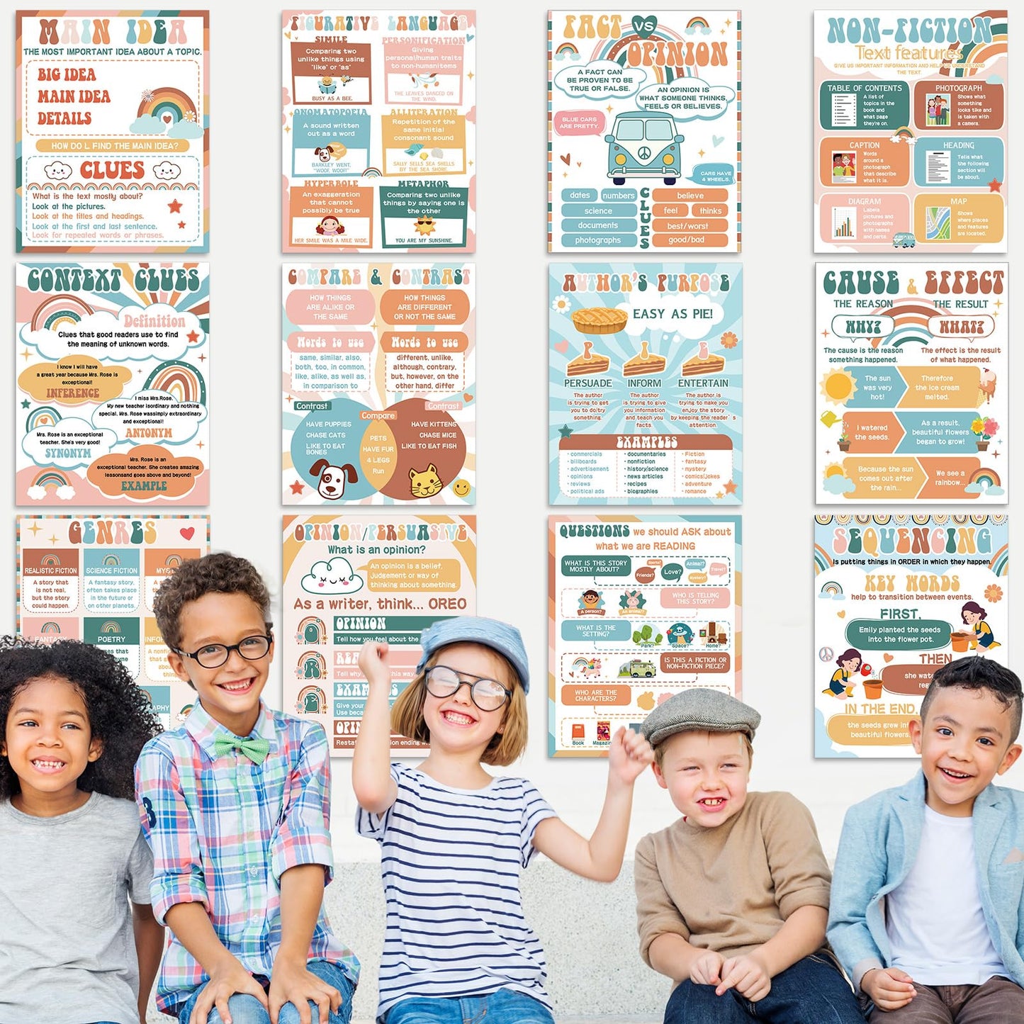 QOUBAI 12pcs Reading Comprehension Classroom Posters Groovy Hippie English Language Arts Bulletin Board Chart Reading Corner Poster for Elementary Middle High School Wall Decor Classroom Must Haves