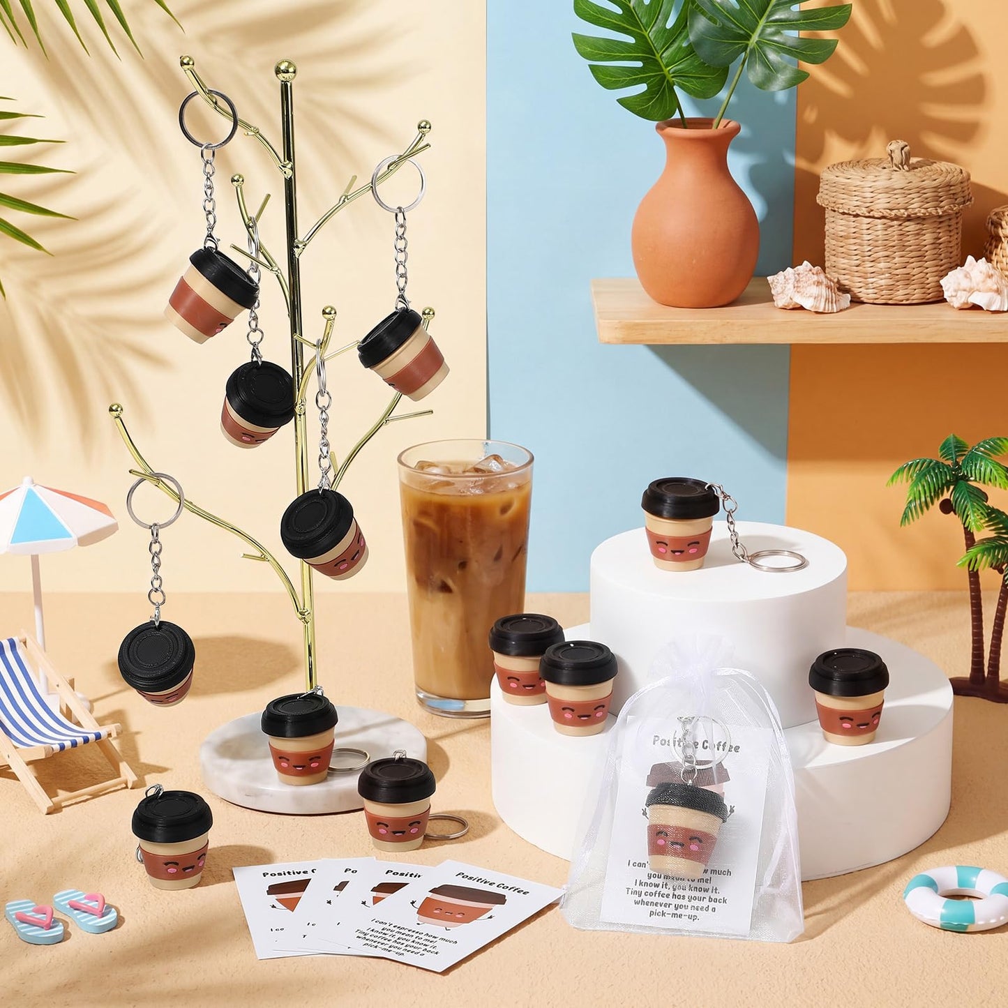 Junkin 24 Set Coffee Cup 3D Printed Clicker Fidget with Cards- Stress Relief Key Rings Luggage Backpack Charm Coffee Lover Gifts for Women, Coworkers, Office, Graduation Party Favors