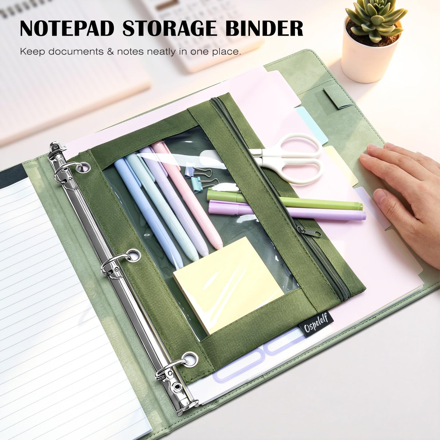 Ospelelf Leather 3 Ring Binder for Letter Size Documents with Pocketed Dividers, 1 Inch Round Rings, Holds 175 Sheets, Binders with Storage Bag & Notepad, for Office School Home Organization, Green