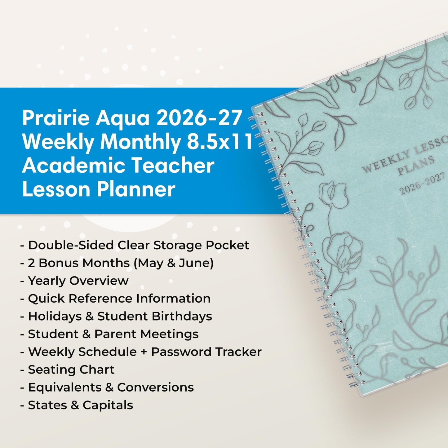 Blue Sky 2026-2027 Weekly and Monthly Academic Year Teacher Lesson Planner Calendar, July 2026 - June 2027, 8.5" x 11", Flexible Cover, Wirebound, Laminated Tabs, Storage Pocket, Prairie Aqua