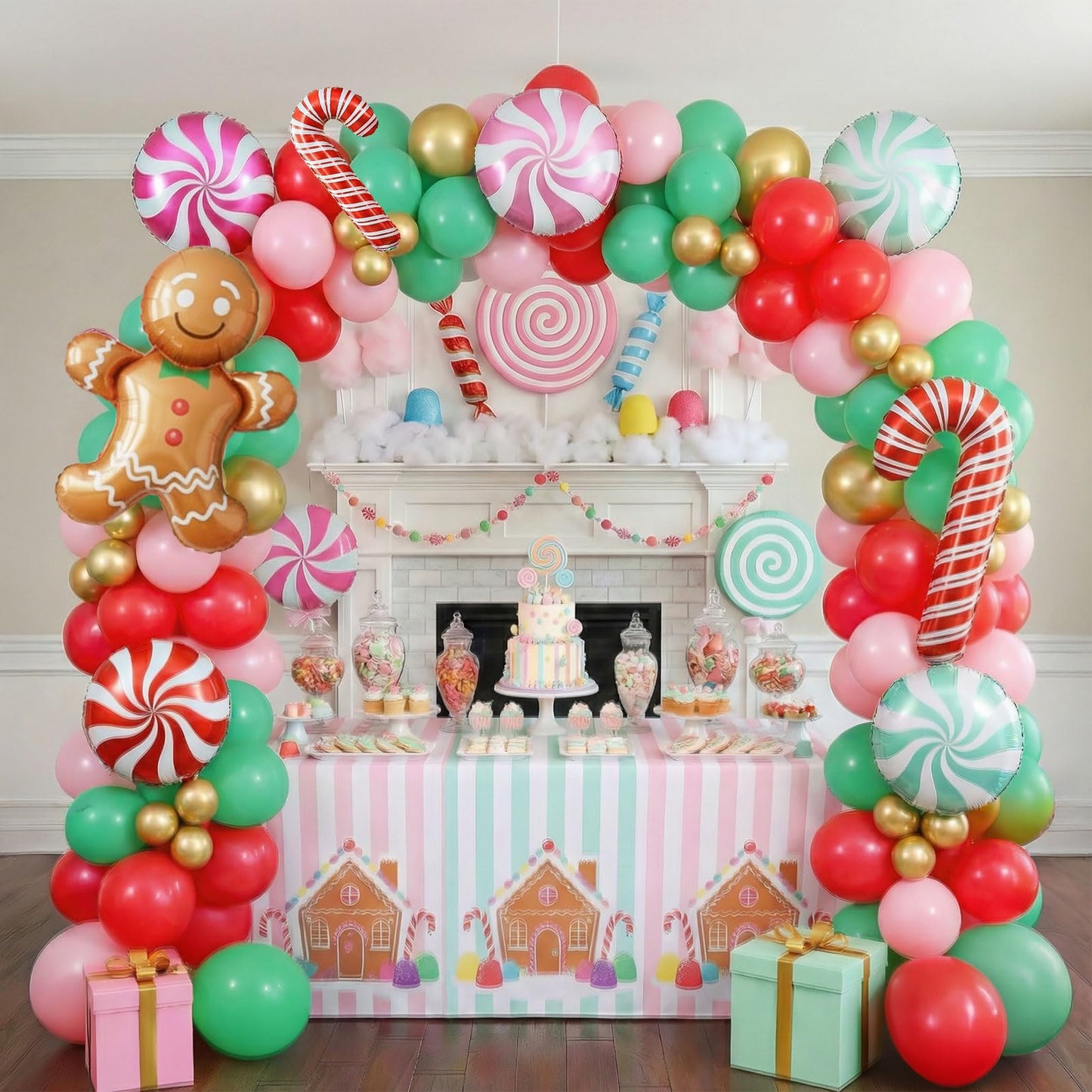 Christmas Balloon Garland Arch kit green pink red balloon with Gingerbread Balloon Cane Candy Foil Balloons for Christmas Party Decorations Xmas New Year Birthday Party Supplies globos de navidad