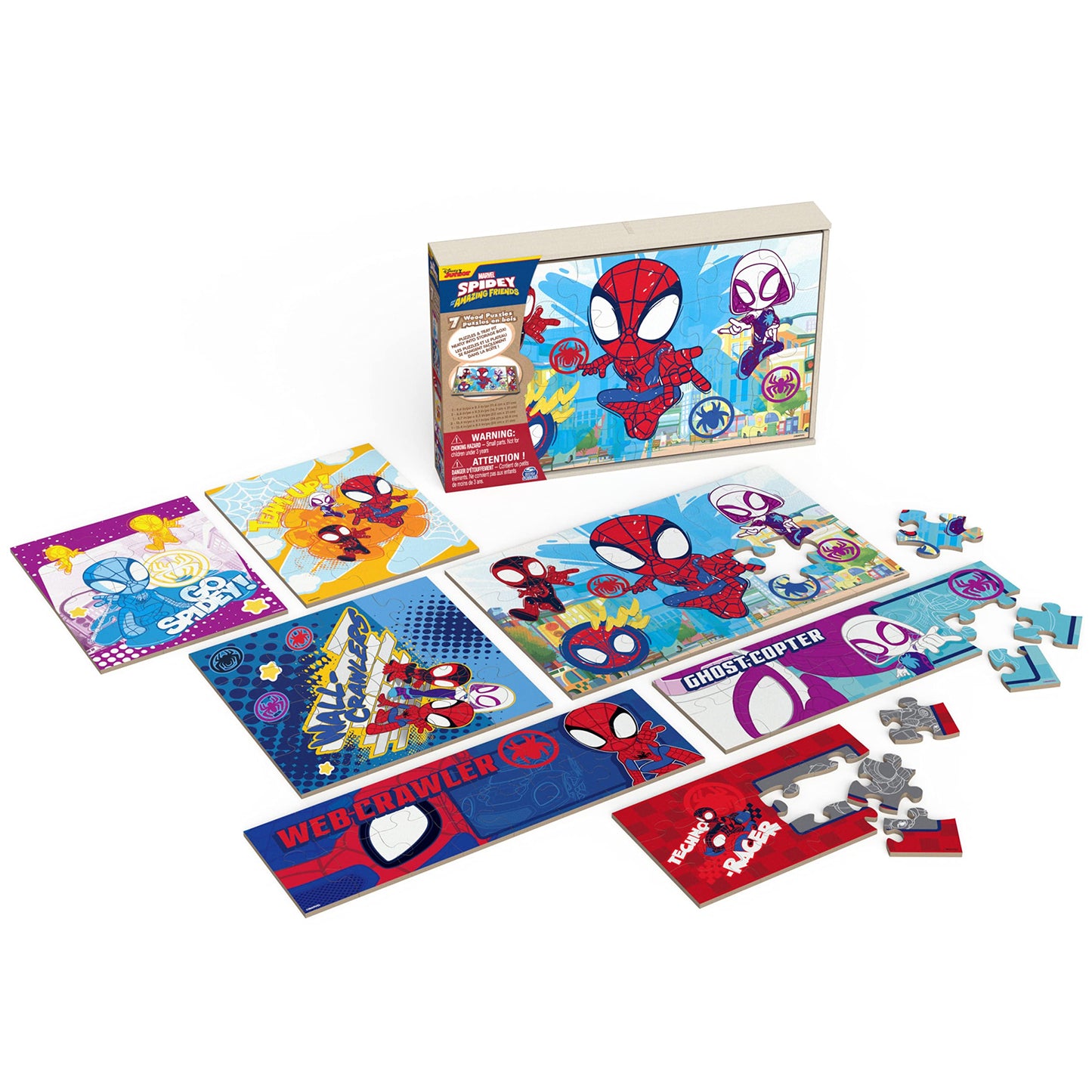 Spin Master Games, Marvel Spidey and His Amazing Friends Puzzles 7-Pack, Jigsaw Kids Puzzles with Sliding Wood Storage Box, Spiderman Toys, for Kids Ages 4 & Up