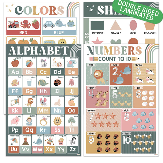 BEAWART ABC Alphabet Poster 16x24, Modern Boho Educational Posters, Color Shape Number Chart for Classroom Decor, Learning Posters, Homeschool Supplies, Double Laminated