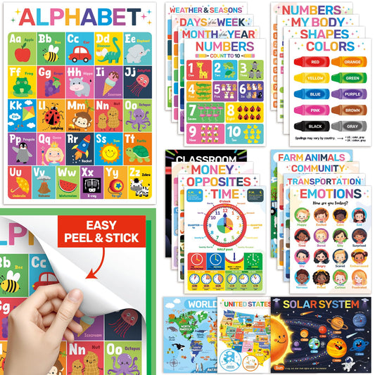 DECOWALL 20 Peel & Stick Educational Posters for Toddlers, Alphabet Learning Charts for Kids Ages 2–6, Preschool, Kindergarten, Homeschool Decor, Daycare&Classroom Must Haves Removable stickers(PS-01)