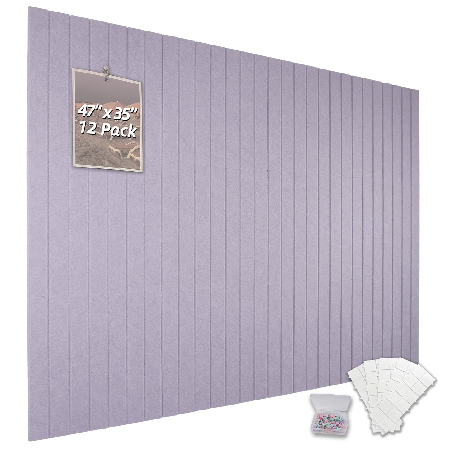 TENACR Cork Board Alternative-Felt Slat Wall Paneling,Office Bulletin Board for Decoration, Suitable for Displaying Photos and Documents, with Removable Adhesive Labels,12-Pack (Taro Purple)