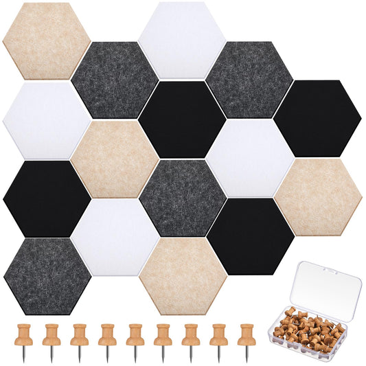 Mindsoft 16 Pcs Hexagon Cork Board for Walls with 50 Wooden Push Pins 6.7 x 5.9 in Felt DIY Tiles Notice with Nano Tape Hanging Bulletin Board for Home Photo Office Memo Note(Classic Colors)
