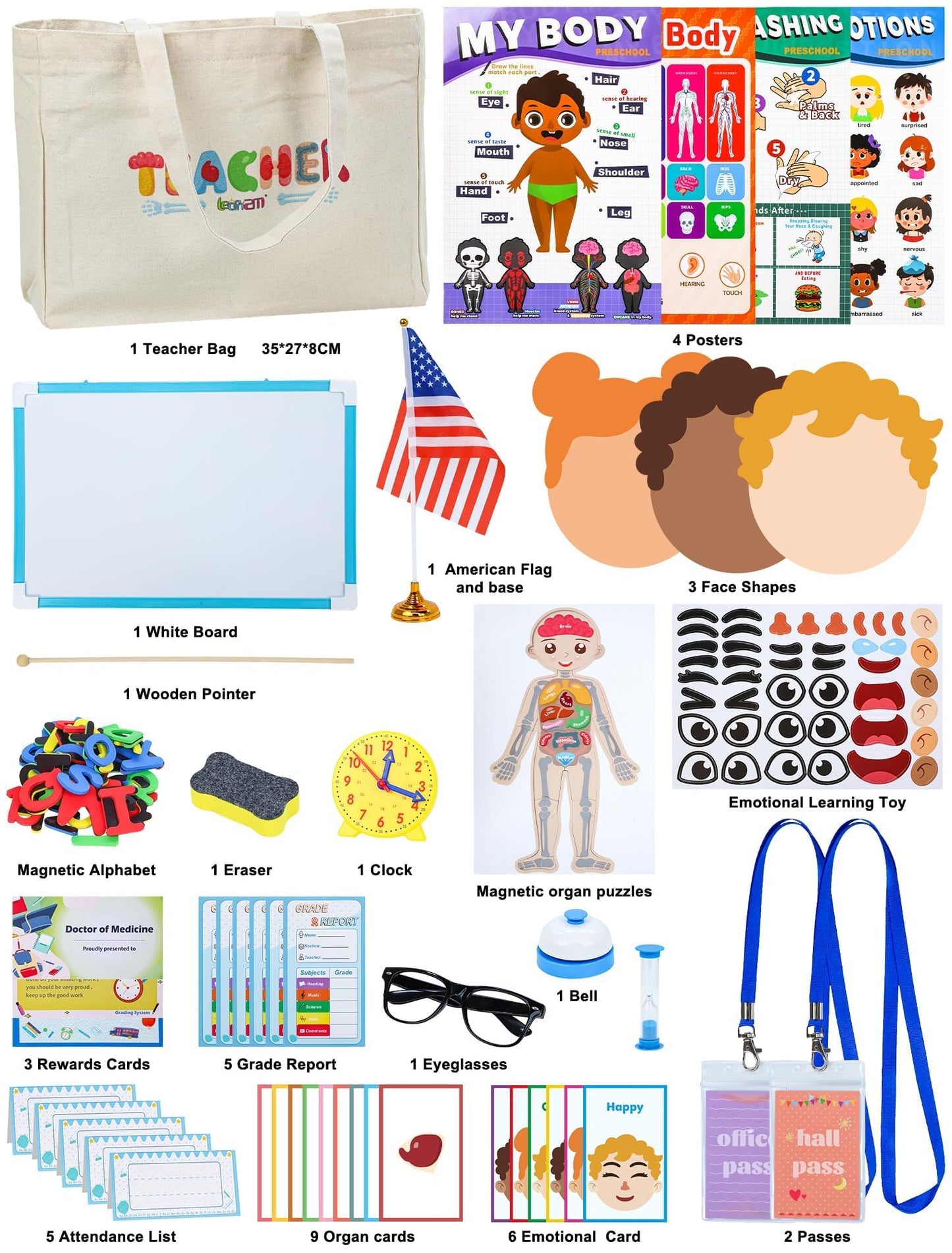 Learn2M Pretend Play Teacher Sets for Kids, Role Pretend Play Kids School Toys with Whiteboard, Teacher Bag, Magnetic Puzzles, Clock, Posters and Teacher Supplies Classroom Learning Set