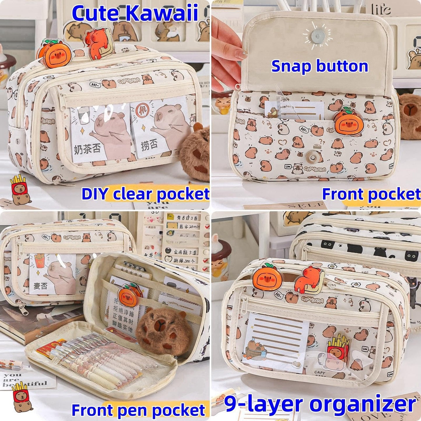 VTYFRY Cute Kawaii Pencil Case Pouch Cartoon Pen Box Holder Organizer for Office Workspace Supplies Desk Accessories Travel Essentials Aesthetic Trendy Cool Stuff Gift Large Capacity (White Kapibala)