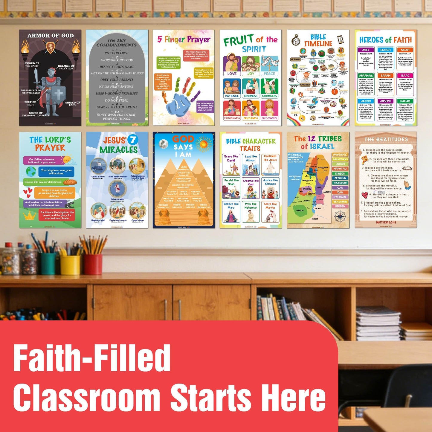 EDUMAETRIX Bible Educational Wall Posters Set, 16 Religious Posters 11x17 inches with 1 Large Story Map 22x34 inches, Christian Religious Poster for Sunday School Church Decoration Flat Packaging